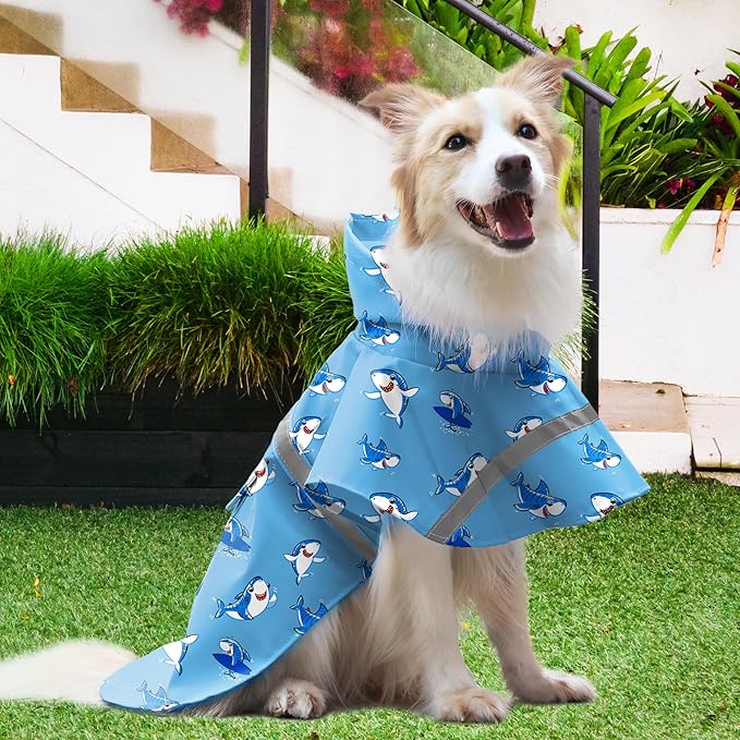 NACOCO Large Dog Raincoat Adjustable - Pet Shark Water Proof Clothes Lightweight Rain Jacket Poncho Hoodies with Strip Reflective Blue (3XL, Blue Shark)