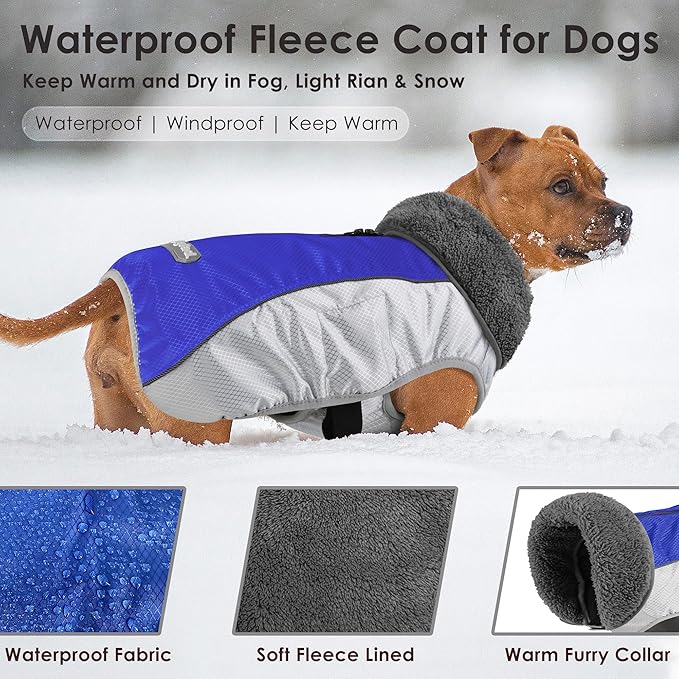 Dog Coat, Waterproof Ripstop Dog Winter Jacket with Leash Hole, Reflective Adjustable Warm Pet Fleece Snow Sweater for Small Medium Large Dogs - Blue, L