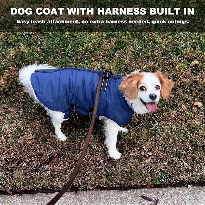 Small Dog Coat with Harness Built-in, Waterproof Reflective Fleece Lined - Warm Windproof Winter Jacket with Back Zipper, Cold Weather Snow Dog Coats - Blue - S