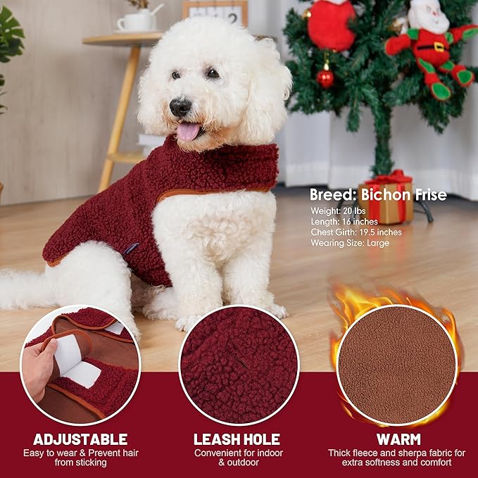 cyeollo Warm Dog Coat Fleece Sherpa Winter Sweater Coats, Turtleneck Dog Jacket Vest for Small Medium Large Dogs with Leash Hole, Soft Reversible Pet Coats for Cold Weather, Burgundy, XL