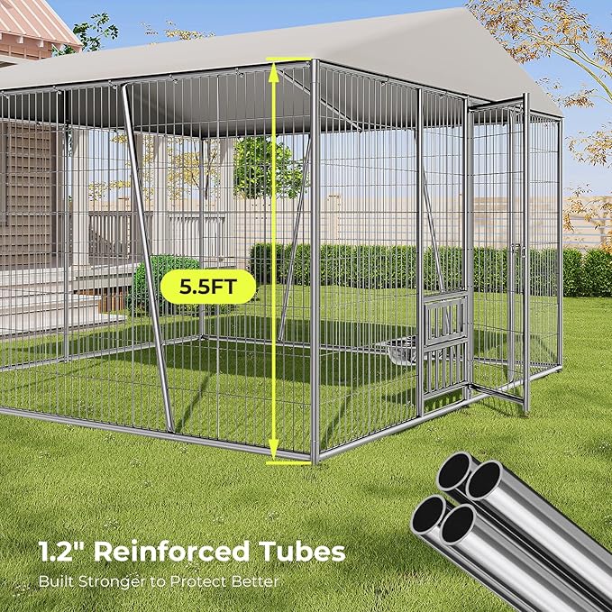 10 x 10 x 7FT Large Outdoor Dog Kennel with Large Feeding Bowls, Dog Kennel Outside with Roof, Galvanized Heavy Duty Chain Link Outdoor Dog Run Cage with Cover and Secure Lock