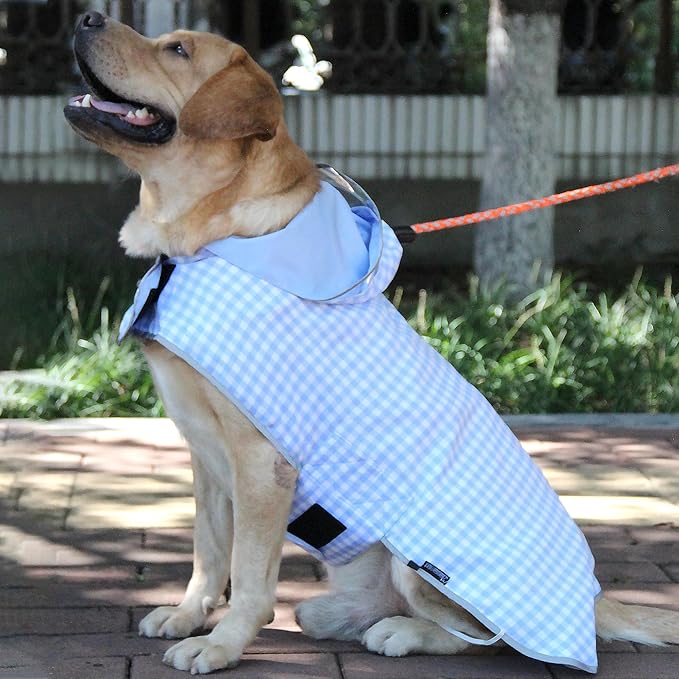 MAMORE Dog Raincoat Reversible,Waterproof Dog Rain Coat Hooded Slicker Poncho with Reflective Strip, Plaid Double Layer Rain Jacket for Small Medium Large Dogs (Light Blue, Medium)