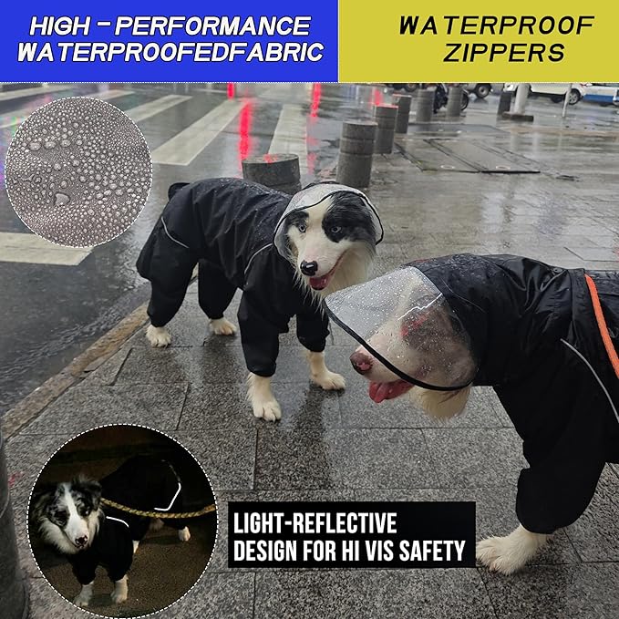Dog Raincoat for Medium Large Dogs,rain Jacket Coat, Full Leg Coverage Waterproof Rain Suit with Detachable Hood & Tail, Reflective Strips, Snag-Free Top Zipper (Black for Girl, XX-Small)