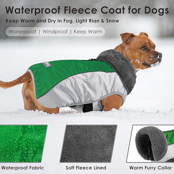 Dog Coat, Waterproof Ripstop Dog Winter Jacket with Leash Hole, Reflective Adjustable Warm Pet Fleece Snow Sweater for Small Medium Large Dogs - Green, S