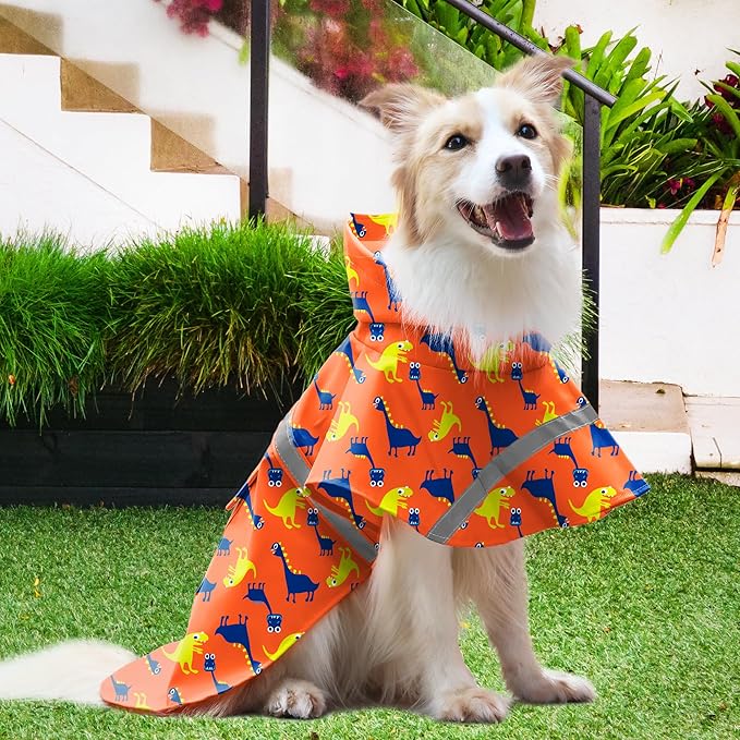 NACOCO Large Dog Raincoat Adjustable - Pet Dinosaurs Water Proof Clothes Lightweight Rain Jacket Poncho Hoodies with Strip Reflective Blue (M, Orange Dinosaur)