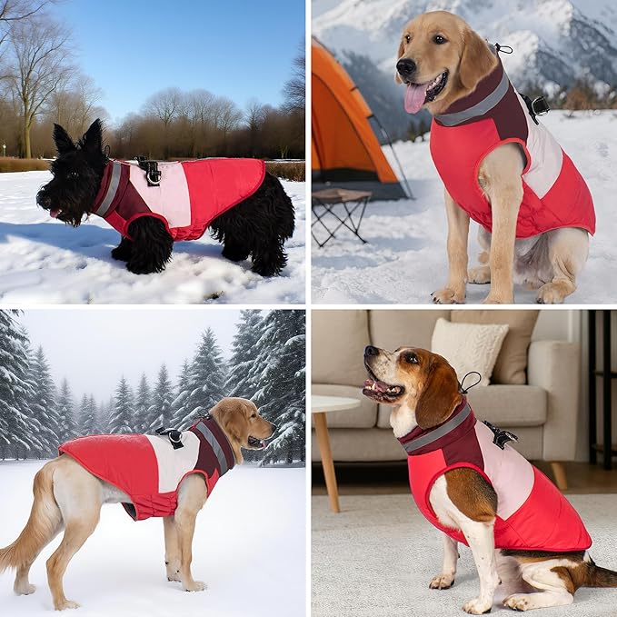 azuza Dog Jacket Waterproof Winter Coat for Small Dogs, Warm Fleece Vest with Reflective Strips & Built-in Harness, Windproof Back Zipper, Red S