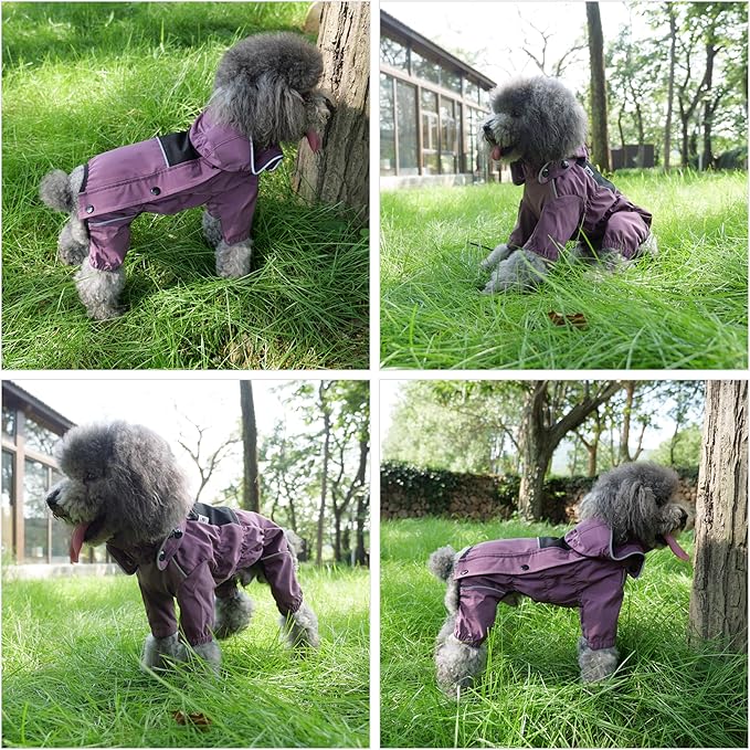 LOVELONGLONG Waterproof Dog Raincoat with Removable Hood – Outdoor Full Body Dog Jacket, Windproof Snowproof Shell Suit – All Season Pet Rain Gear Plum Purple XXS