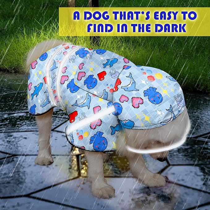 Dog Raincoat, Adjustable Rain Jacket with Hooded Double Layer for Large Medium Small Dogs Puppies, Lightweight Waterproof Rain Coat Poncho with Reflective Stripe Ocean Dolphin Blue,XL