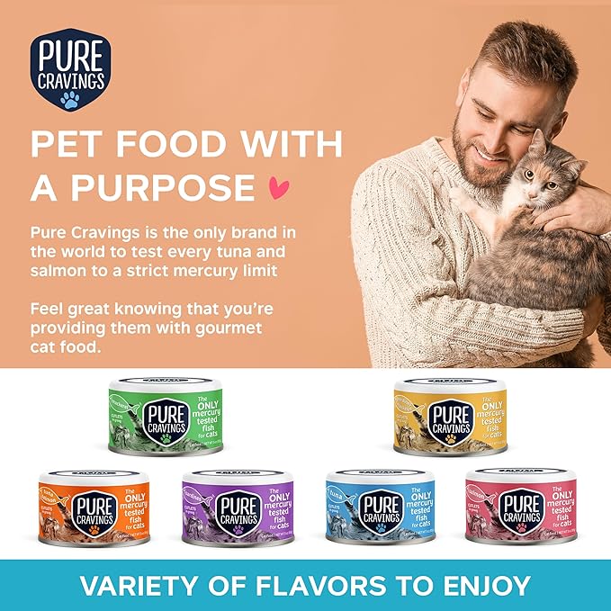 Pure Cravings Wet Cat Food Canned Mackerel and Sardine Cutlets in Gravy, Every Catch is Mercury Tested, Moist Can Fish for Cats, Grain-Free, Protein, Non-GMO, Pack of 12