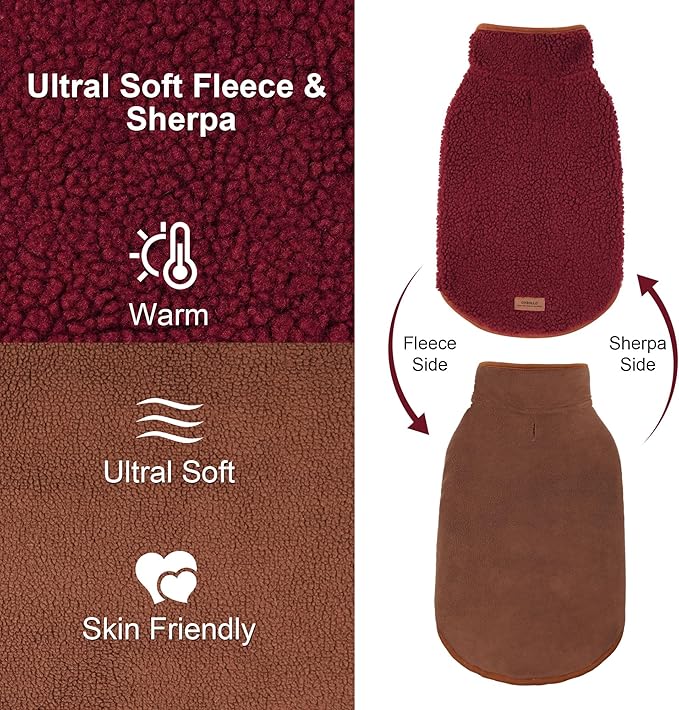 cyeollo Warm Dog Coat Fleece Sherpa Winter Sweater Coats, Turtleneck Dog Jacket Vest for Small Medium Large Dogs with Leash Hole, Soft Reversible Pet Coats for Cold Weather, Burgundy, L