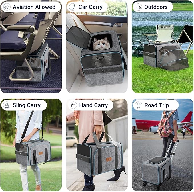 Western Home Expandable Cat Carrier with Wheels Airline Approved, Removable Soft Carrier, Rolling Cat Carrier for Puppy and Kitten with Telescopic Handle Suitable for Traveling/Hiking/Camping