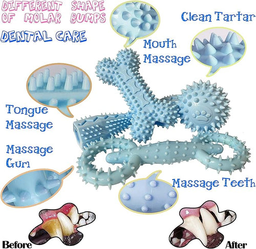 4 Pack Puppy Teething Toys 0-6 Months Dog Chew Toy Cute Rubber Bone,Teeth Clean Ball,Interactive Donut,Treat Dumbbell for Small Dogs(Blue)