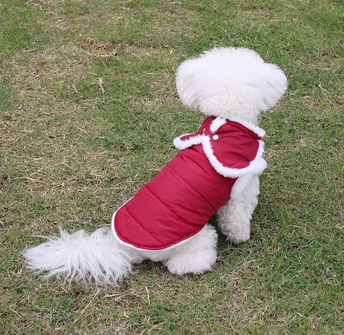 Shawl Design Fleece Lined Warm Dog Jacket for Winter Cold Weather,Soft Windproof Medium Dog Coat,Red L