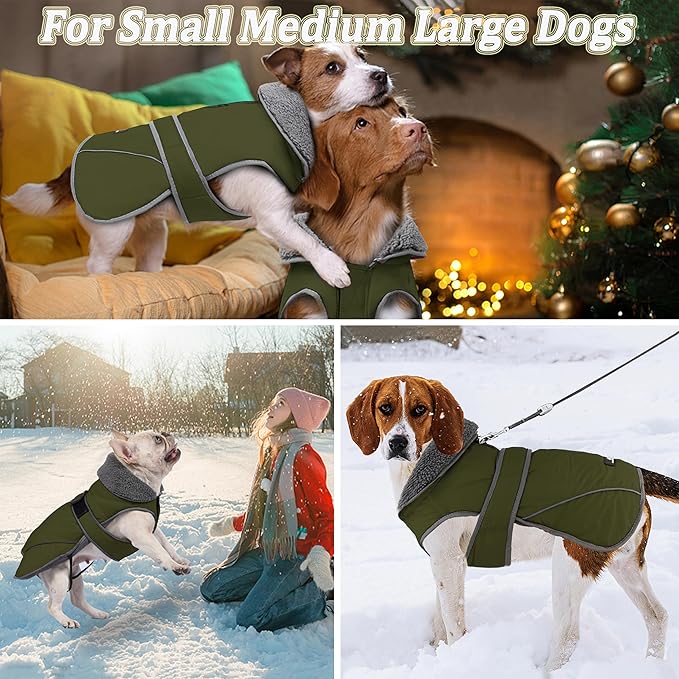 Dogcheer Dog Coat, Waterproof Dog Jacket Reflective Pet Winter Coat with Adjustable Hook & Loop, Christmas Puppy Fleece Jacket Warm Turtleneck Snowsuit for Small Medium Large Dogs - Green, 2XL