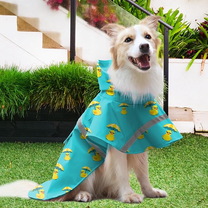 NACOCO Large Dog Raincoat Adjustable - Pet Rubber Ducks Yellow Water Proof Clothes Lightweight Rain Jacket Poncho Hoodies with Strip Reflective Pink (Lake Green 2XL, Sunglass Duck)