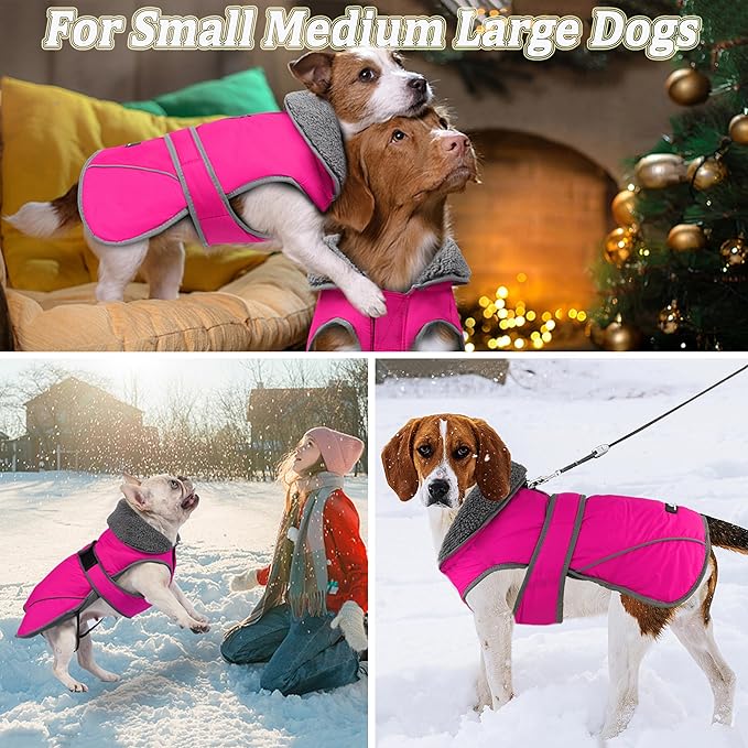 Dogcheer Dog Coat, Waterproof Dog Jacket Reflective Pet Winter Coat with Adjustable Hook & Loop, Christmas Puppy Fleece Jacket Warm Turtleneck Snowsuit for Small Medium Large Dogs - Pink, 3XL