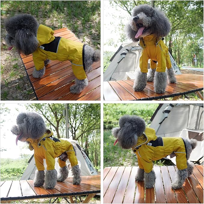 LOVELONGLONG Fleece-Lined Dog Raincoat with Removable Hood – Waterproof Winter Full Body Dog Jacket – Windproof Snowproof Cold-Weather Suit – Yellow-F XS