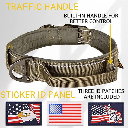 ADITYNA Heavy Duty Dog Collar for Medium Dogs - Reflective Green Collar with Handle for Training, and Walking - Wide, Thick, Tactical, Soft Neoprene Padded