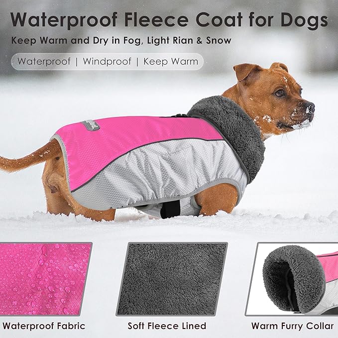 Dog Coat, Waterproof Ripstop Dog Winter Jacket with Leash Hole, Reflective Adjustable Warm Pet Fleece Snow Sweater for Small Medium Large Dogs - Pink, S