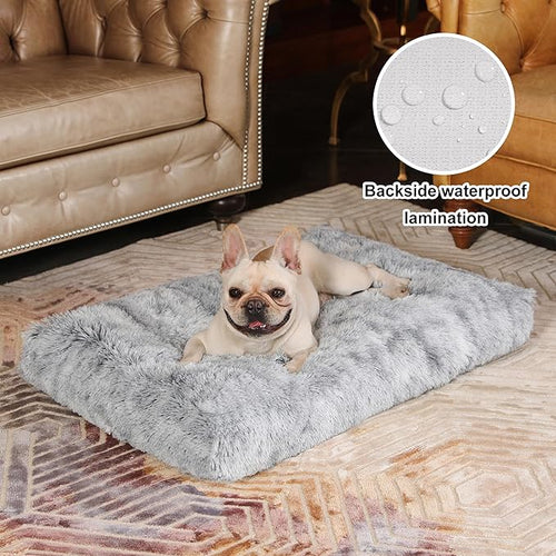 Bedfolks Waterproof Dog Crate Bed, Plush With Removable Washable Cover, Faux Fur Crate Pad for Medium Dogs, Fluffy Kennel 29"x21", Dark Grey
