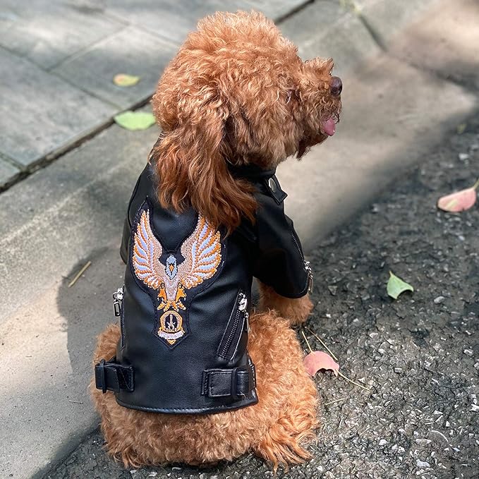 Lovelonglong Cool Dog Leather Jacket, Warm Coats Dogs Windproof Cold Weather Coats for Large Medium Small Dogs with Eagle Embroidery Black L