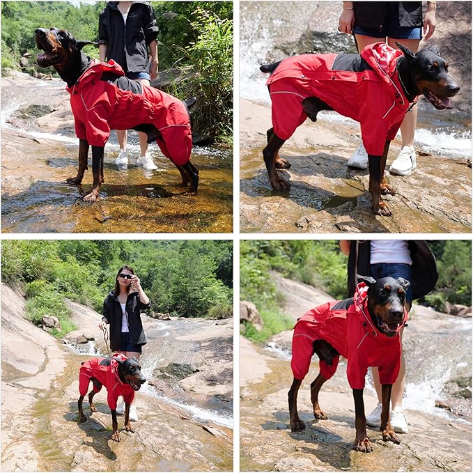 LOVELONGLONG Fleece-Lined Dog Raincoat with Removable Hood – Waterproof Winter Full Body Dog Jacket – Windproof Snowproof Cold-Weather Suit – Red-F 4XL