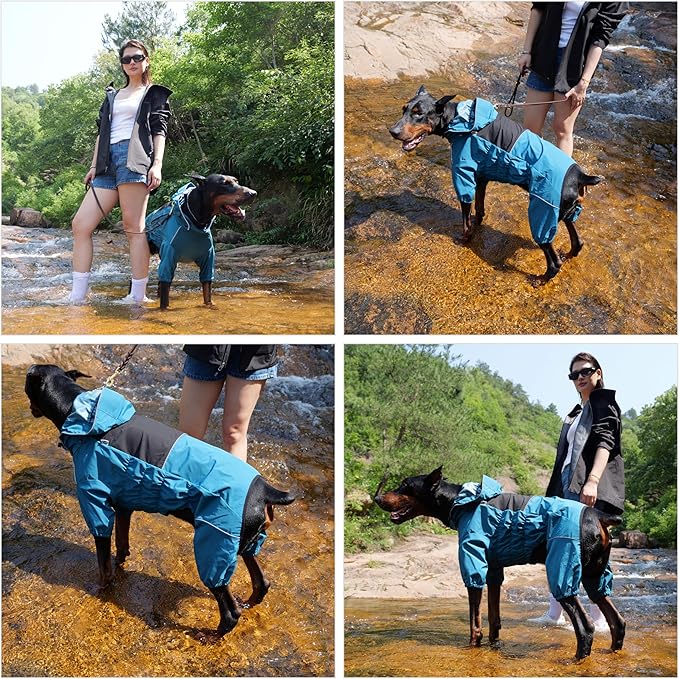 LOVELONGLONG Waterproof Dog Raincoat with Removable Hood – Outdoor Full Body Dog Jacket, Windproof Snowproof Shell Suit – All Season Pet Rain Gear Ocean Teal XS