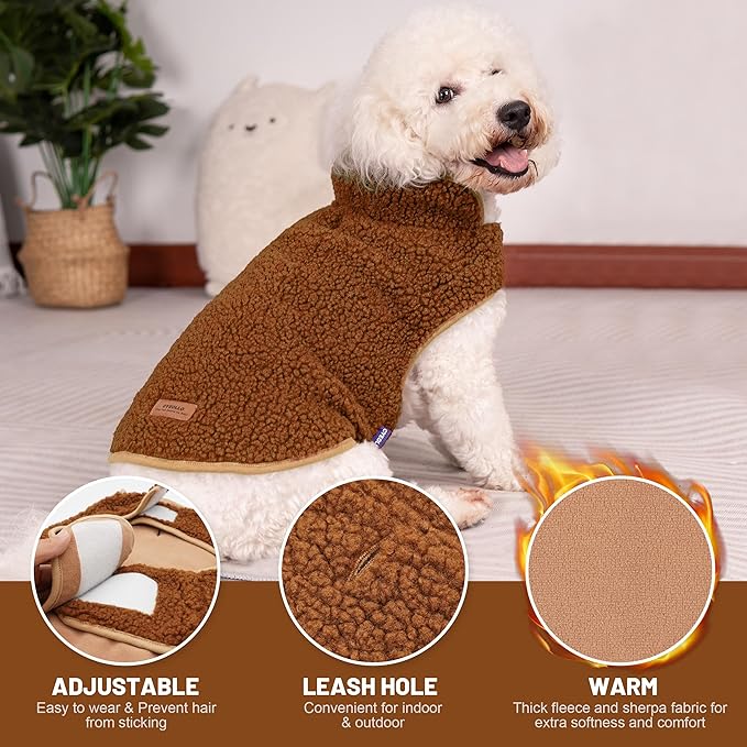 cyeollo Reversible Dog Coat Thick Turtleneck Fleece Furry Clothes Doggie Jacket for Cold Weather Winter Warm Dog Coats for Small Dogs Apparel Brown, S