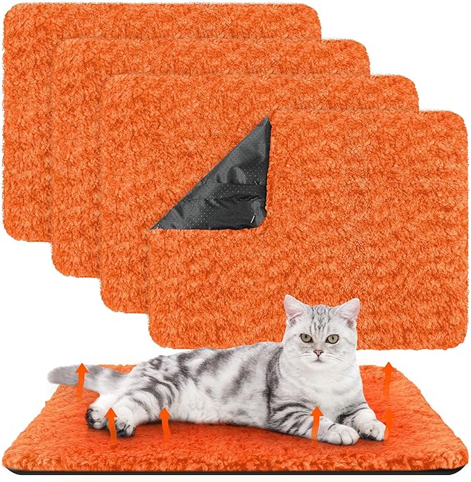 4 Pack Self Warming Cat Pads Self Heating Cat Mat Washable Homeless Dogs Thermal Pads Kennel Pad Reflects Body Heat Warm Crate Bed Mat for Indoor Outdoor Pet(Orange,16 x 20 Inch)