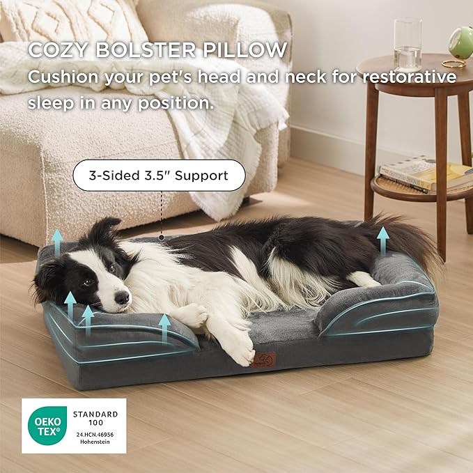 Bedsure Orthopedic Dog Bed for Large Dogs - Big Washable Dog Sofa Beds Large, Supportive Foam Pet Couch Bed with Removable Washable Cover, Waterproof Lining and Nonskid Bottom, Dark Grey