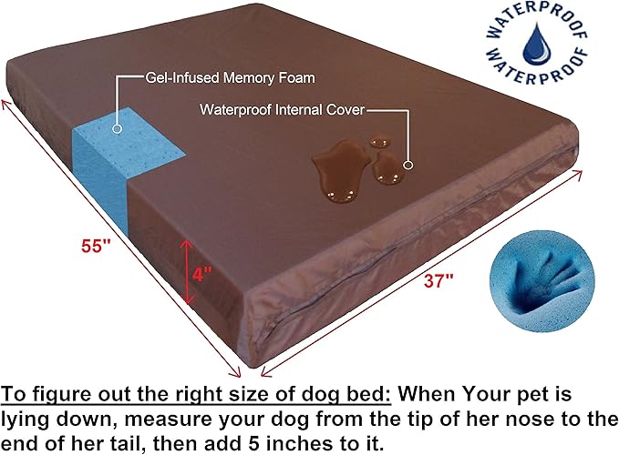Dogbed4less Orthopedic Waterproof Heavy Duty Gel Memory Foam Dog Bed for Extra Large Dogs, Nylon Cover in Blue, XXL 55X37X4 Inches