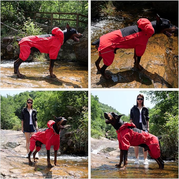 LOVELONGLONG Waterproof Dog Raincoat with Removable Hood – Outdoor Full Body Dog Jacket, Windproof Snowproof Shell Suit – All Season Pet Rain Gear Red XXS