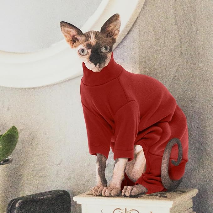 ROZKITCH Sphynx Cat Pajamas Christmas, Breathable Soft Cat Jumpers for Cats Only, Coat with Four Legs, Warm Sweater T-Shirt Pajamas Jumpsuit Vest Cornish Rex Devon Rex Peterbald Red XS