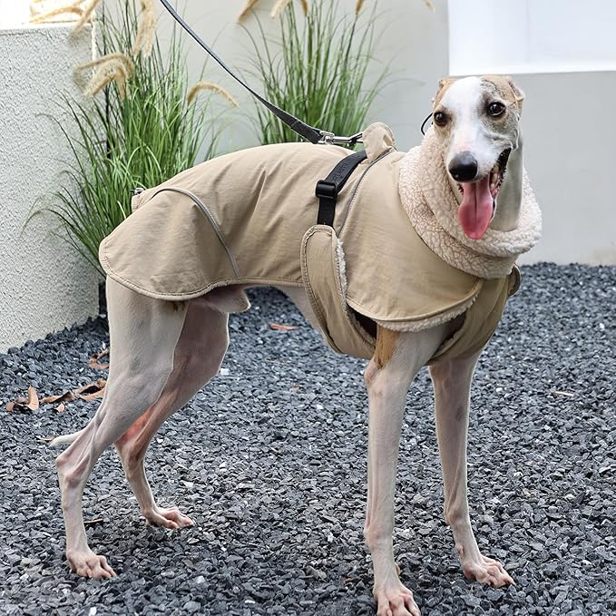Adjustable Dog Coat with Harness Slot, Waterproof Fleece Lined Winter Jacket, Windproof Reflective Pet Vest for Cold Weather for Small Medium Large Dogs (Beige, Medium)