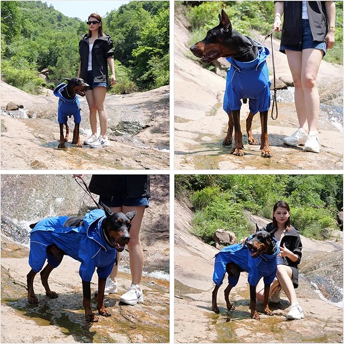 LOVELONGLONG Waterproof Dog Raincoat with Removable Hood – Outdoor Full Body Dog Jacket, Windproof Snowproof Shell Suit – All Season Pet Rain Gear Blue XXL