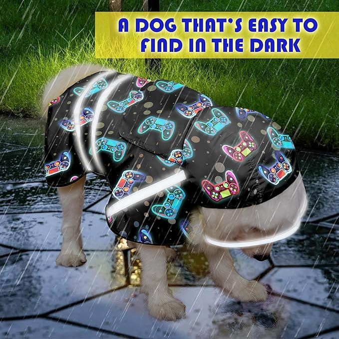 Dog Raincoat, Adjustable Rain Jacket with Hooded Double Layer for Large Medium Small Dogs Puppies, Lightweight Waterproof Rain Coat Poncho with Reflective Stripe Game Controller Black,XL