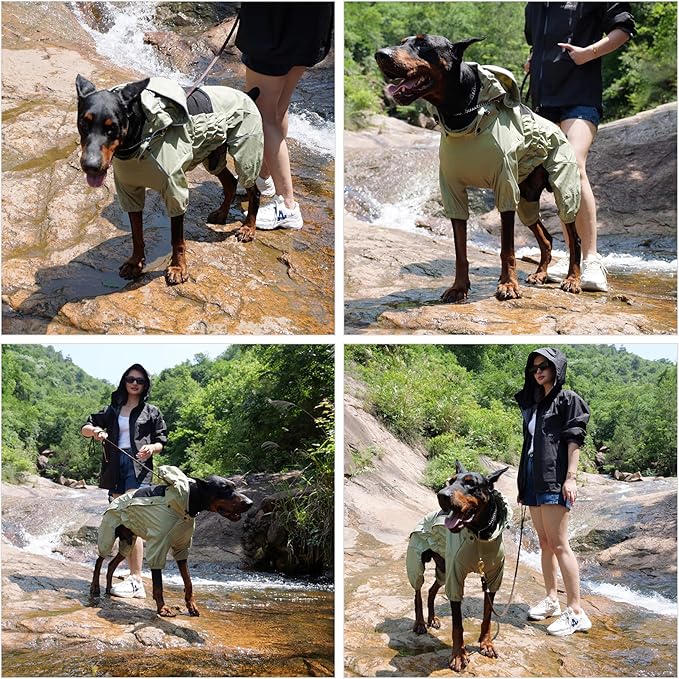 LOVELONGLONG Waterproof Dog Raincoat with Removable Hood – Outdoor Full Body Dog Jacket, Windproof Snowproof Shell Suit – All Season Pet Rain Gear Sage Green 3XL