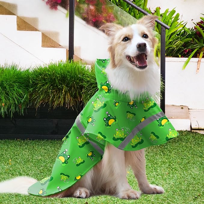 NACOCO Large Dog Raincoat Adjustable - Pet Frog Water Proof Clothes Lightweight Rain Jacket Poncho Hoodies with Strip Reflective Green (M, Green Frog)