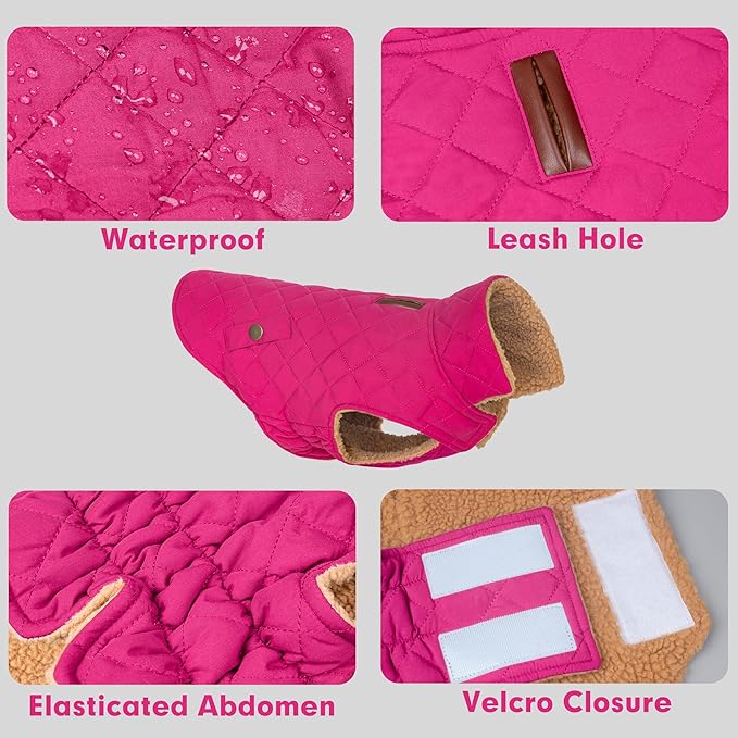 azuza Dog Jacket for Medium Dogs Waterproof & Windproof Dog Coat for Small Dogs with Thick Fleece, High Collar with Leash Hole, Adjustable Velcro & Elastic Belly, Rose Red 2XL