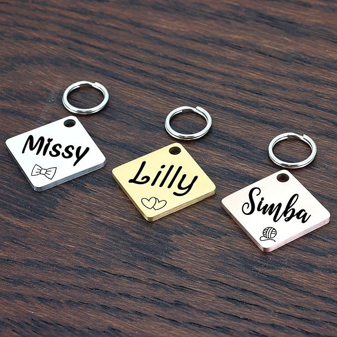 Ultra Joys Cat ID Tag Personalized Pet Tags, Durable Stainless Steel Small Pet Mini Dog Cat Tag Lightweight -Diamond Tag in Silver