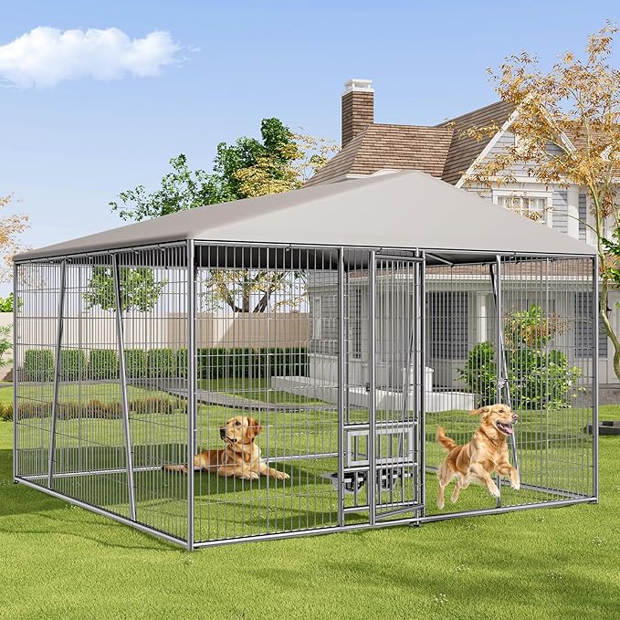 10 x 10 x 7FT Large Outdoor Dog Kennel with Large Feeding Bowls, Dog Kennel Outside with Roof, Galvanized Heavy Duty Chain Link Outdoor Dog Run Cage with Cover and Secure Lock