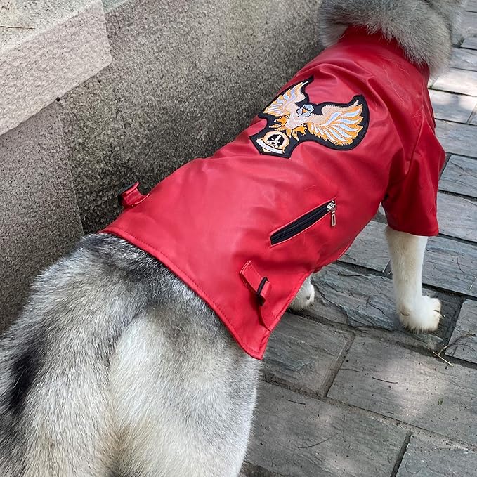 Lovelonglong Cool Dog Leather Jacket, Warm Coats Dogs Windproof Cold Weather Coats for Large Medium Small Dogs with Eagle Embroidery Red L-L