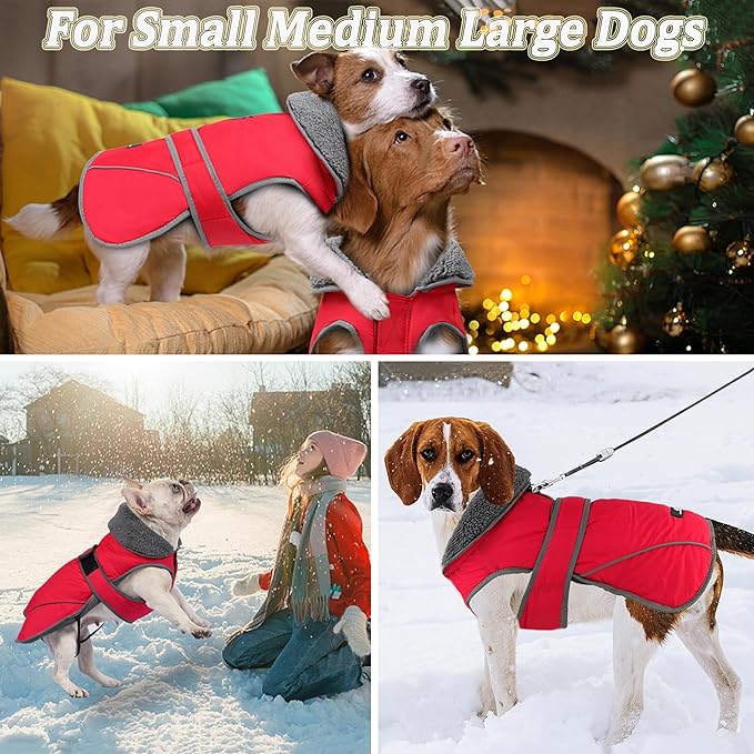 Dogcheer Dog Coat, Waterproof Dog Jacket Reflective Pet Winter Coat with Adjustable Hook & Loop, Christmas Puppy Fleece Jacket Warm Turtleneck Snowsuit for Small Medium Large Dogs - Red, S