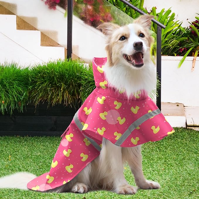 NACOCO Large Dog Raincoat Adjustable - Pet Rubber Ducks Yellow Water Proof Clothes Lightweight Rain Jacket Poncho Hoodies with Strip Reflective Pink (Pink XL, Yellow Duck)