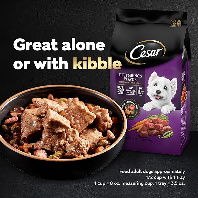 Cesar Wet Dog Food Loaf in Sauce Rotisserie Chicken Flavor with Bacon & Cheese and Filet Mignon Flavor with Bacon & Potato Variety Pack, 3.5 oz. Easy Peel Trays (12 Count, Pack of 2)