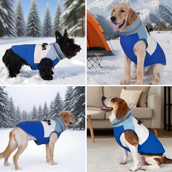 azuza Dog Coats for Large Dogs Waterproof Dog Coat with Reflective Strips and Harness Built in Warm Fleece Dogs Winter Coat Windproof with Back Zipper, Blue 3XL