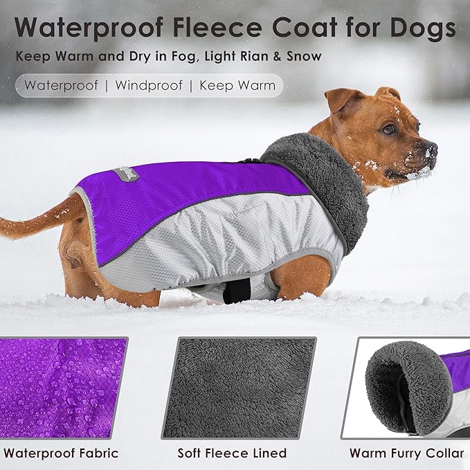 Dog Coat, Waterproof Ripstop Dog Winter Jacket with Leash Hole, Reflective Adjustable Warm Pet Fleece Snow Sweater for Small Medium Large Dogs - Purple, XL