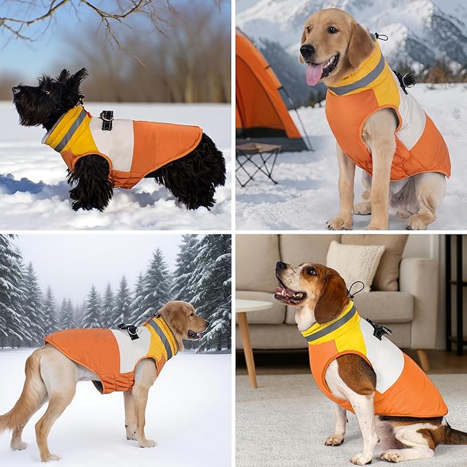 azuza Dog Jacket for Small Dogs Waterproof Dog Coat with Reflective Strips and Harness Built in Warm Fleece Dogs Winter Coat Windproof with Back Zipper, Orange L