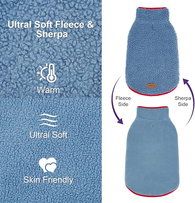 cyeollo Warm Dog Coat Sweater Reversible Dog Jacket Winter Fleece Sherpa Vest Pet Clothes Doggie Jackets for Cold Weather Puppy Cat Apparel Coats for Small Dogs, Blue M