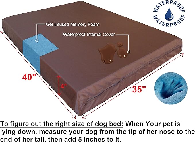 Dogbed4less Orthopedic Gel Memory Foam Pet Dog Bed, Waterproof Liner with External Microsuede Cover and Bonus Antislip Cover (Microsuede Espresso, 40"X34"X4" Inches)